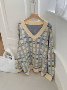 DAZY Damen Loose V-Ausschnitt Langarm Strickpullover, Herbst/Winter Karomuster