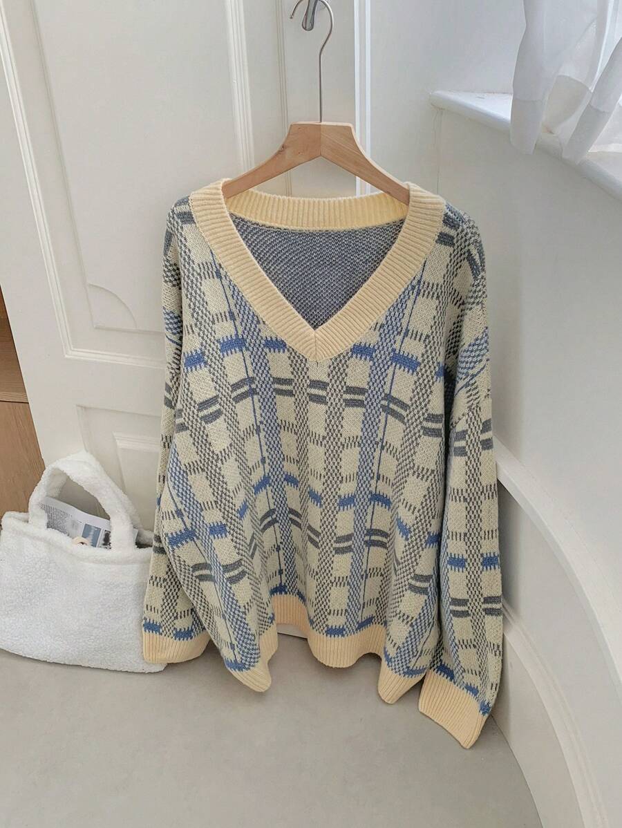 DAZY Damen Loose V-Ausschnitt Langarm Strickpullover, Herbst/Winter Karomuster