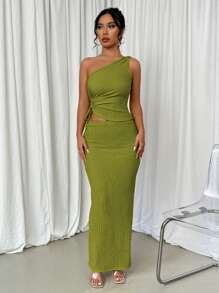 Selianne 2pcs Elegant Set: Asymmetric Neckline Cutout Drawstring Blouse And Mini Skirt - Olive Green - View 6