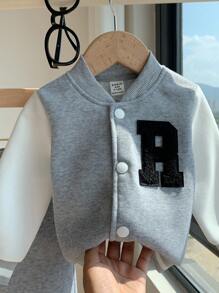 SHEIN Bộ 2 món/bộ quần áo bóng chày thời trang dễ thương, thể thao & phong cách học đường, đa năng, thoải mái cho bé trai, phù hợp mặc vào mùa thu đông, lót nhiệt, dày dặn - Xám - Xem 8