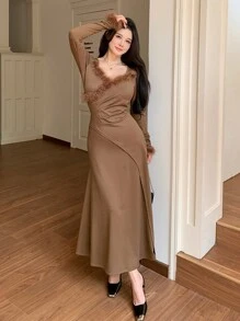 DAZY 女式毛绒拼布长袖衬衫休闲长裙，秋季服装 - 棕色 - 查看 9