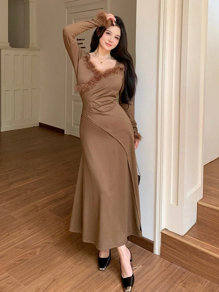 Women's Shirt With Furry Patchwork Long Sleeve Casual Long Dress,Fall Clothes