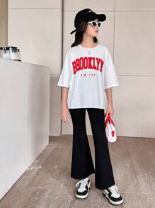 SHEIN 2 peças/Conjunto Camiseta de Manga Curta com Fenda Alta e Estampa de Letra e Legging Casual Solta para Meninas Pré-Adolescentes