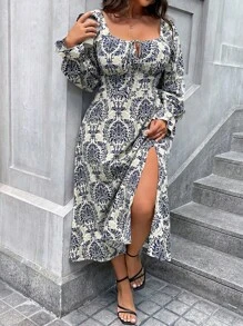 SHEIN Clasi 大码方领结饰印花长袖连衣裙 - 藏蓝色 - 查看 6