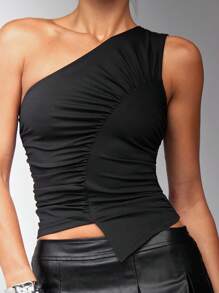 SHEIN BAE Áo hai dây bất đối xứng màu trơn thời trang dành cho nữ mùa hè - trắng - Xem 3