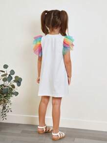 SHEIN Young Girl Cartoon Graphic Contrast Mesh Ruffle Trim Dress - Multicolor - View 2