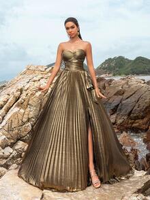 Faeriesty Abito da sera tubino con orlo plissettato metallico