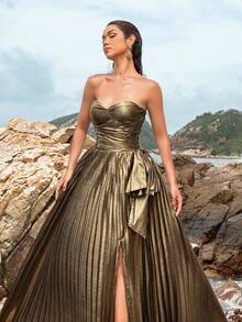 Faeriesty Abito da sera tubino con orlo plissettato metallico