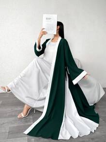 Yasmyna Ladies Solid Color Patchwork Long Sleeve Drawstring Loose Abaya, Casual,Modest Maxi Length Robe, Spring/Summer - Dark Green - View 6