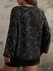 SHEIN LUNE Plus Size Casual All-Over Print Long Sleeve Shirt, Spring/Autumn - Black - View 2