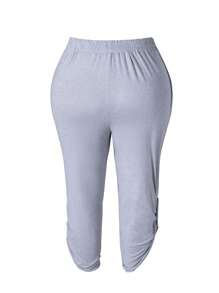 SHEIN LUNE Plus Size Women's Solid Color Casual Button Decorated Pants - Light Grey - View 2