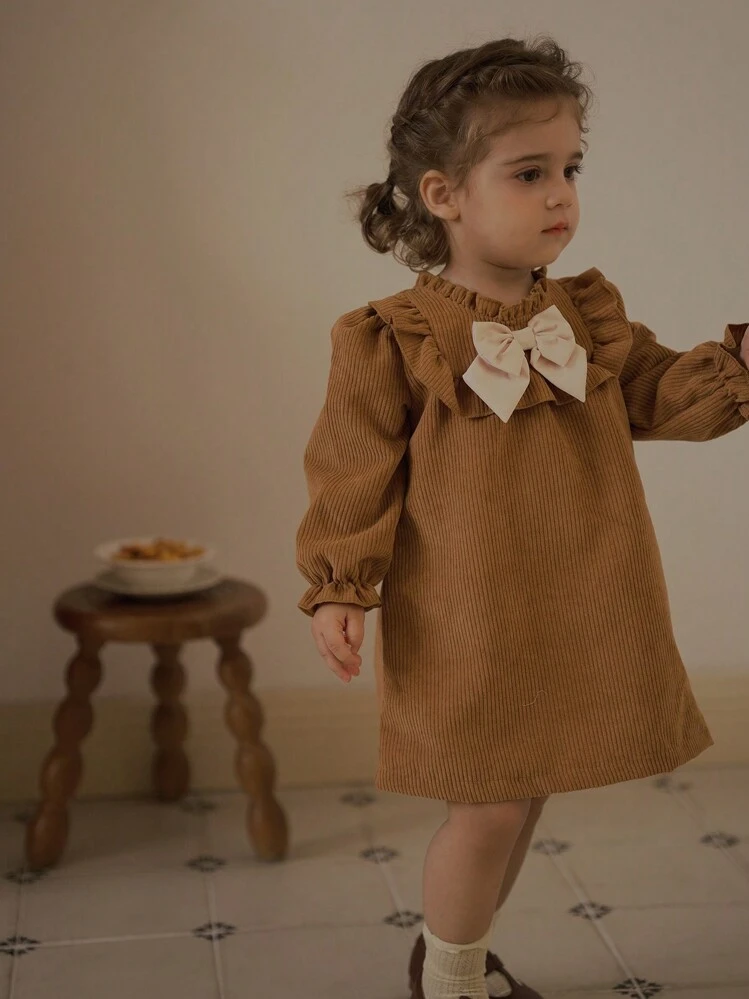 SHEIN Vintaside Kids Baby Girl Elegant Contrast Color Bow Decor Casual Dress, Fall/Winter - Multicolor - View 8