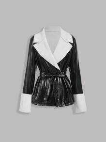 SHEIN MOD 女式蓬松领口系带黑色冬季大衣 - 黑色 - 查看 1