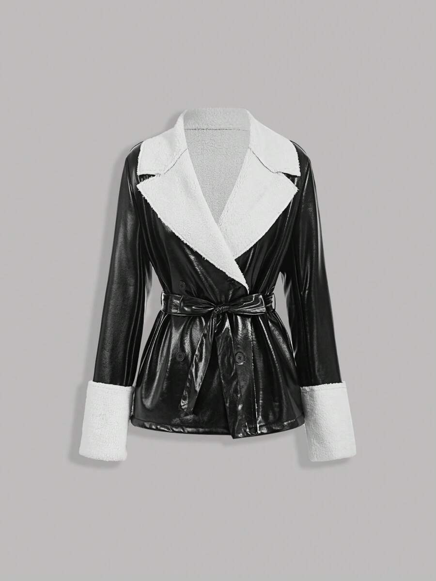 SHEIN MOD 女式蓬松领口系带黑色冬季大衣 - 黑色 - 查看 1