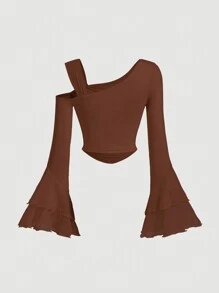 SHEIN MOD Women's Elegant Solid Color Asymmetric Collar 3D Flower Decor Flare Sleeve T-Shirt, Spring Autumn