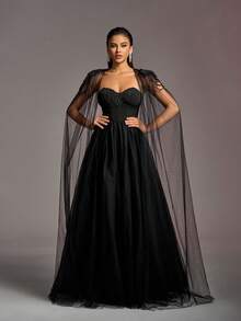 Faeriesty Bride Strapless Women's Wedding Dress With Detachable Tulle Cape, Elegant Lace-Adorned Bodice And Flowing A-Line Skirt. Perfect For Wedding Ceremonies, Bridal Photoshoots, Wedding Receptions, Church Weddings, And Destination Weddings. - Black - View 4