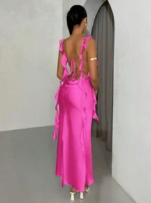 SHEIN BAE Women Summer Spaghetti Strap Backless Swing Dress, Graduation/Wedding Guest Dress