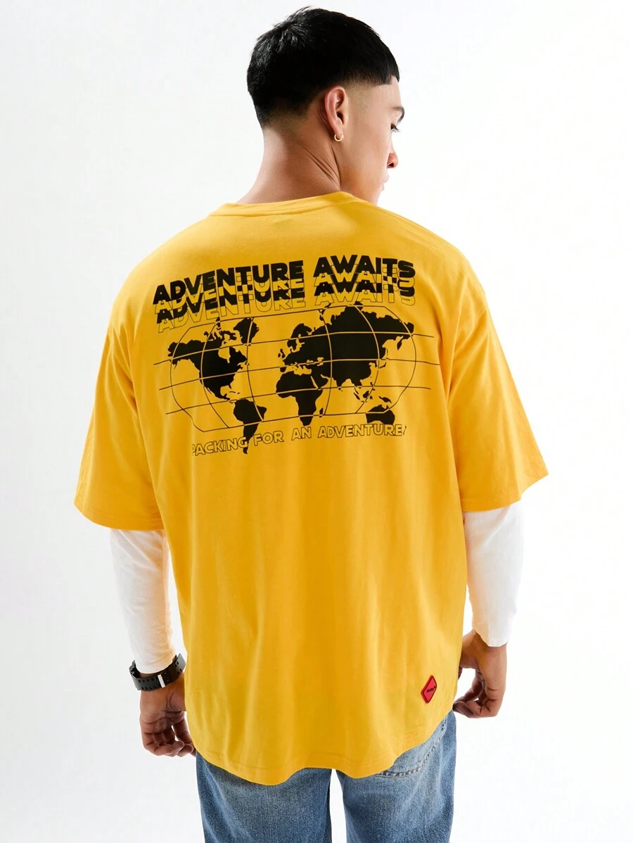 Manfinity VCAY Camiseta de manga corta casual y suelta con estampado de mapa para hombres - Amarillo - Ver 1
