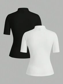 SHEIN EZwear Casual 2pcs/Set Women 95% Cotton Turtleneck Fitted Long Sleeve Base Layer T-Shirt Set - Black and White - View 2