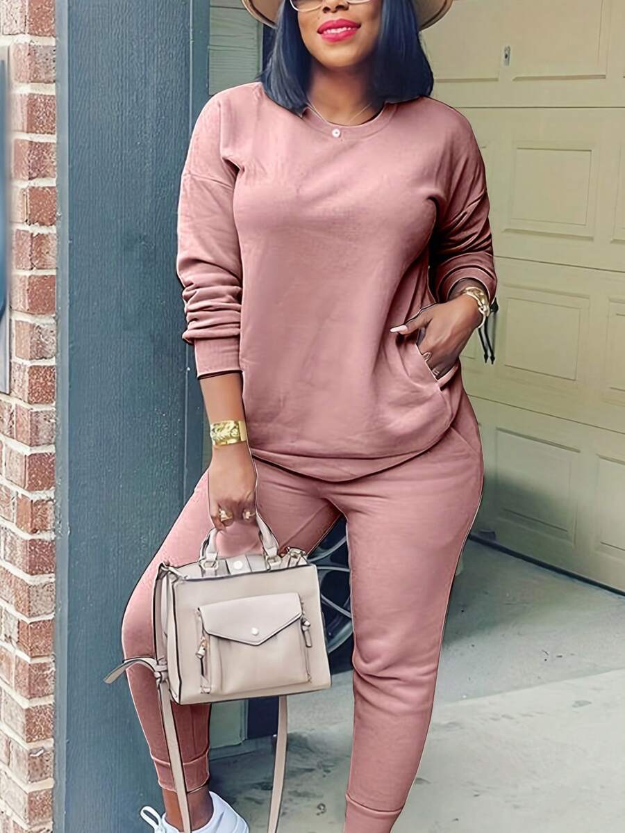 Nuevo conjunto de ropa de otoño para mujer, camisa de cuello redondo de manga larga lisa con bolsillos y pantalones casuales con bolsillos, conjunto de chándal informal y pantalones para exteriores, conjunto de dos piezas para mujer