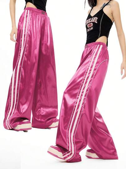 SHEIN EZwear Women's  Fall/Winter  Cargo Essentials Glitter Banded Texture Decoration Sport Wide Leg Sweatpants,Back To School