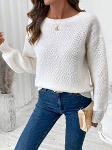 SHEIN LUNE pull élégant pour femmes avec col rond, épaules tombantes et contraste de dentelle, pour l'automne et l'hiver