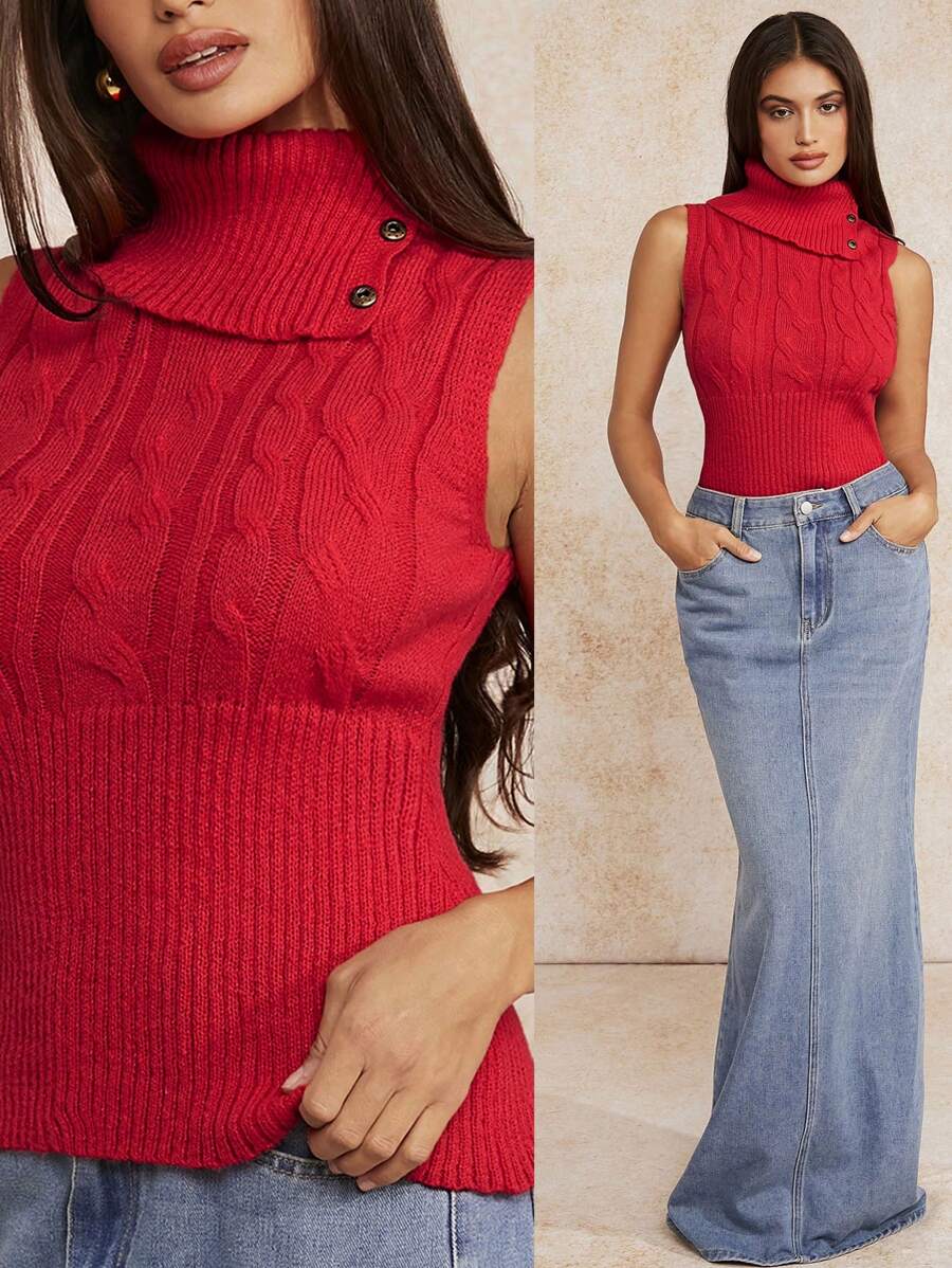 Forever 21 秋冬红色无袖/可爱/圣诞毛衣/万圣节毛衣/长款/高领/扭纹针织毛衣背心 - 紅色 - 查看 1