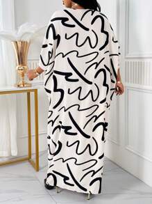 SHEIN Lady 秋冬季优雅白色编织 V 领飘逸短袖开叉束腰连衣裙大码连衣裙长袍白色连衣裙 - 黑與白 - 查看 2