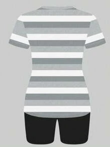 Maweii 2件套休闲条纹印花短袖上衣和短裤 - 彩色 - 查看 2