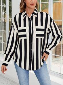 SHEIN LUNE Women's Button-Up Long Sleeve Allover Print Fashion Charm Blouse - Black and White - View 1