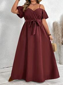 SHEIN VCAY Plus Size Women Solid Color Open Shoulder Dress With Belted