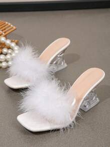 Women's Fluffy Feather-Like Slip-On Open Toe High Heel Shoes, Outdoor Fashionable Casual Mule Crystal Transparent Heel White High Heel Sandals, Spring/Summer