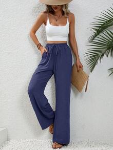 SHEIN LUNE Pantalones casuales de unicolor con cordón y bolsillos, talla 7/8 - 9/10
