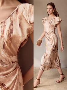 MOTF PREMIUM ALLOVER PRINT V-NECK PUFF SLEEVE RUCHED WAIST DRESS - Rust Brown - View 2