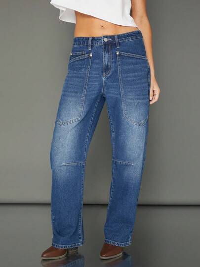 WESTFADE Premium Cotton Denim Barrel Leg Utility Jeans