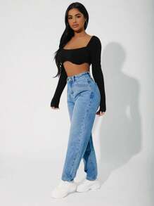 EURMUSE Zipper Fly Mom Fit Jeans - Baby Blue - View 4