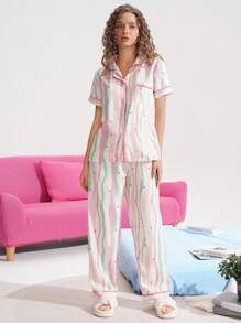 Chillnights Women's Colorful Striped Bubble Crinkle Casual Pajama Set Holiday Season