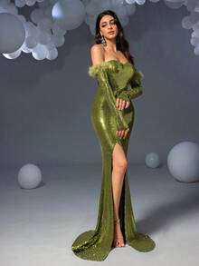 Faeriesty Váy xòe lông vũ xẻ tà nàng tiên cá viền sequin - màu xanh lá - Xem 7