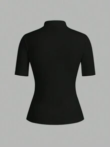 SHEIN EZwear Casual 2pcs/Set Women 95% Cotton Turtleneck Fitted Long Sleeve Base Layer T-Shirt Set - Black and White - View 4