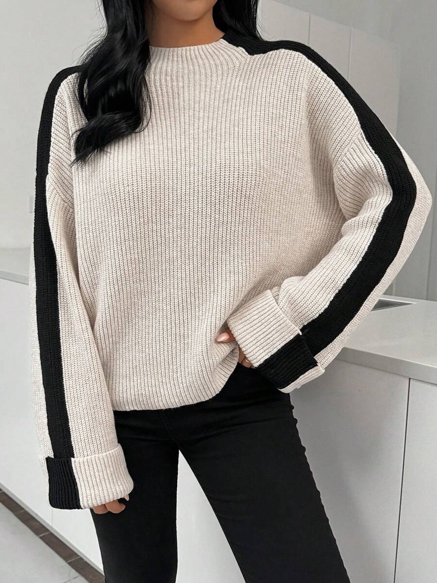 SHEIN LUNE 女士撞色圆领长袖毛衣，针织套头衫，秋冬款 - 杏色 - 查看 1