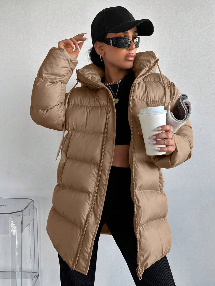 RueChic Zip Up Hooded Puffer Coat - Beige - View 1