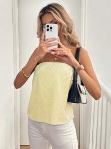 Pariaura 女士性感露肩条纹花卉印花抹胸上衣，秋季 - 黃色 - 查看 3