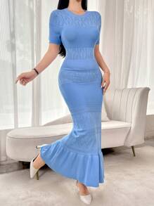 Modelyn Women's Round Neck Short Sleeve Fitted Sweater Dress, Graceful And Charming