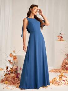 SHEIN Belle 女士优雅浪漫海军蓝深灰色高密度皱褶面料圆领无袖深 V 背心领结插入 A 字下摆伴娘礼服适合婚礼活动 - 藍色 - 查看 4