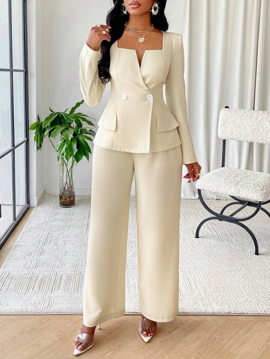 SOLERSUN Solid Color Square Neck Double Breasted Flap Detail Blazer Fall Cloth For Women - Beige - View 1