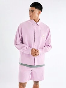 Manfinity VCAY 2 件套男士休闲宽松纯色长袖衬衫和松紧腰短裤套装 - 粉色 - 查看 6