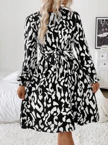 SHEIN LUNE Women Casual Commuter Elegant Ruffle Collar Long Sleeve Ruffle Cuff Leopard Print Polka Dots Mid-Length Dress - Black - View 1