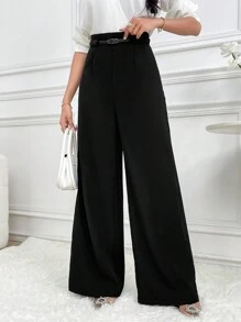 Modelyn Women's Solid High Waist Wide Leg Loose Casual Office Trousers In Fall/Winter - Black - View 6