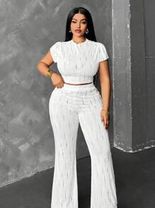 Allurite 2 piezas/Set Top de manga corta y pantalones de estar en casa de punto calado, talla grande - Blanco - Ver 4