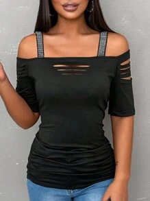 EMERY ROSE Sexy Cutout Shoulder Rhinestone Bodycon Short Sleeve Top, Fashionable Women T-Shirt, Autumn Black Top - Black - View 4